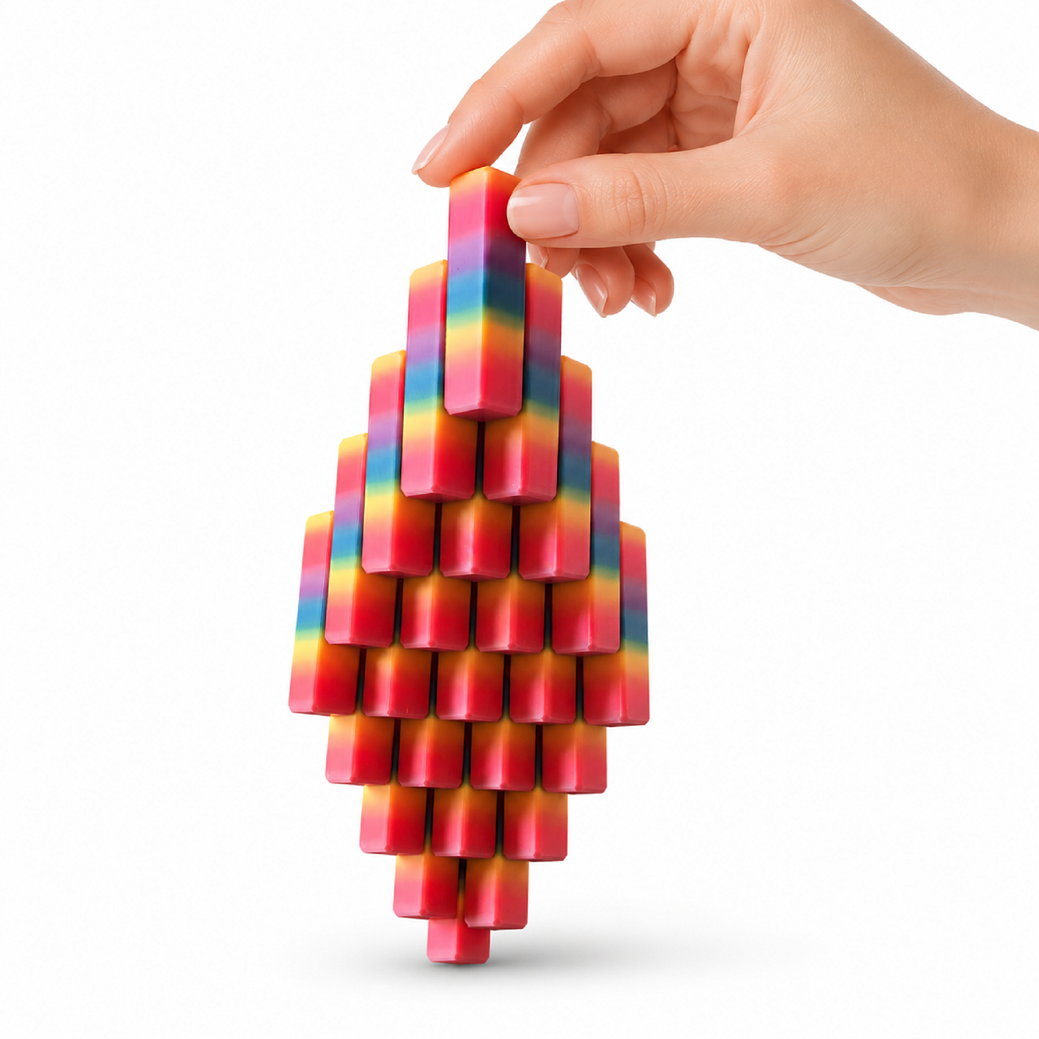 Mão a deslizar blocos do Cubo Sensorial colorido — fidget toy Sensoria