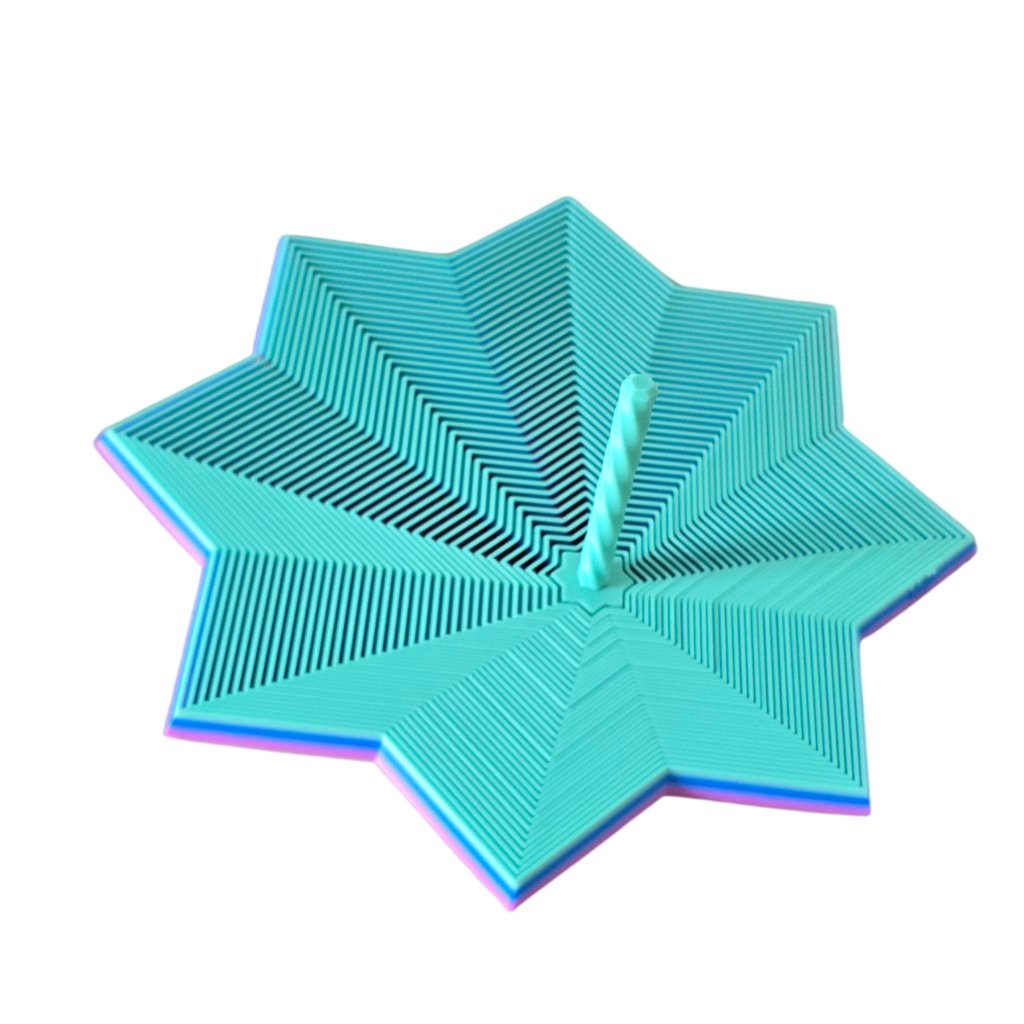 Vista superior da Estrela Sensorial giratória em impressão 3D azul teal