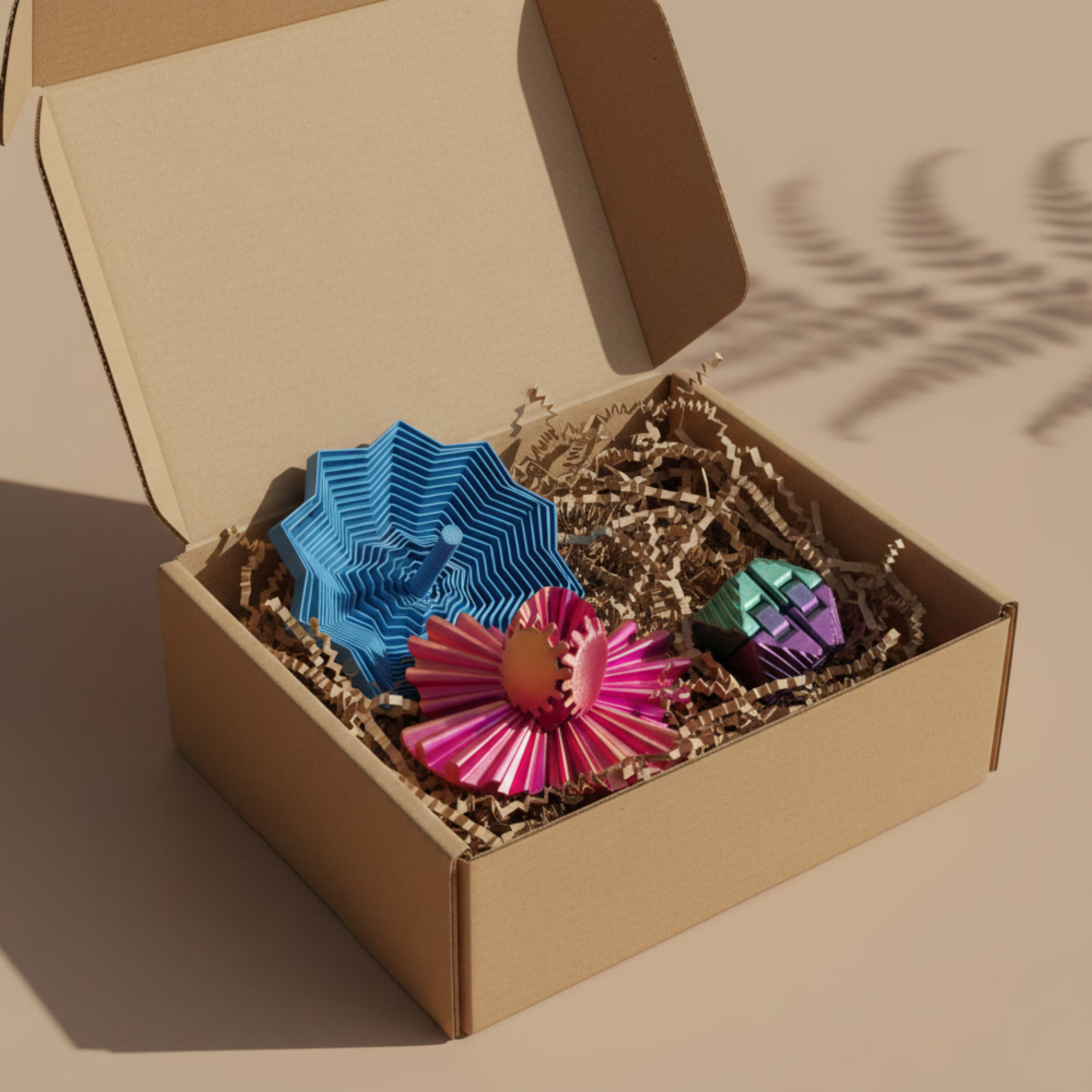 Kit Essencial Sensorial Sensoria em caixa kraft aberta com papel ondulado — inclui Estrela Sensorial azul, Bloom Sensorial rosa e Cubo Loop iridescente em impressão 3D