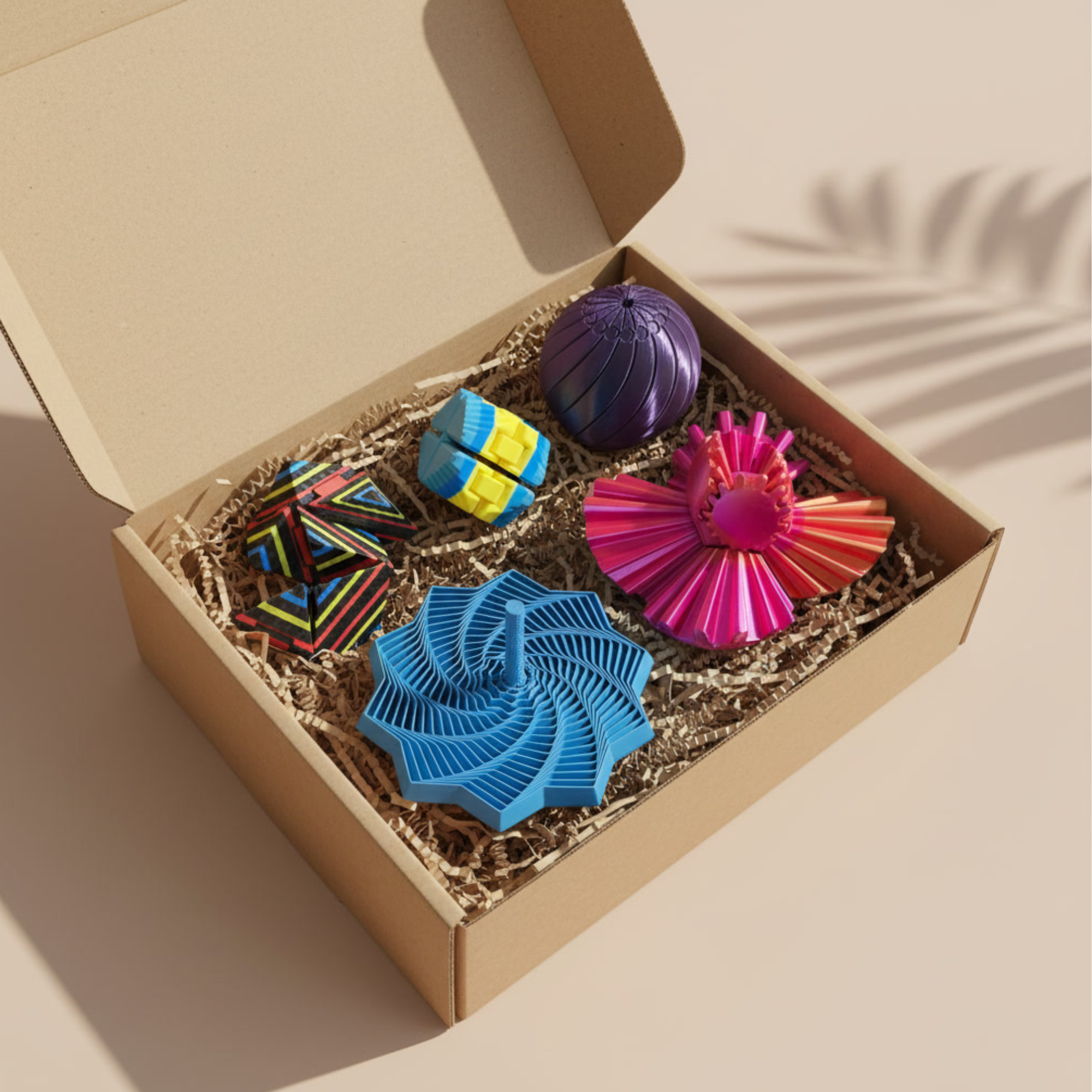 Kit Exploração Sensorial Sensoria em caixa kraft aberta com papel ondulado — inclui Estrela Sensorial azul, Bloom Sensorial rosa, Órbita Flow roxa, Cubo Loop azul e amarelo e Cubo Origami Infinito colorido em impressão 3D