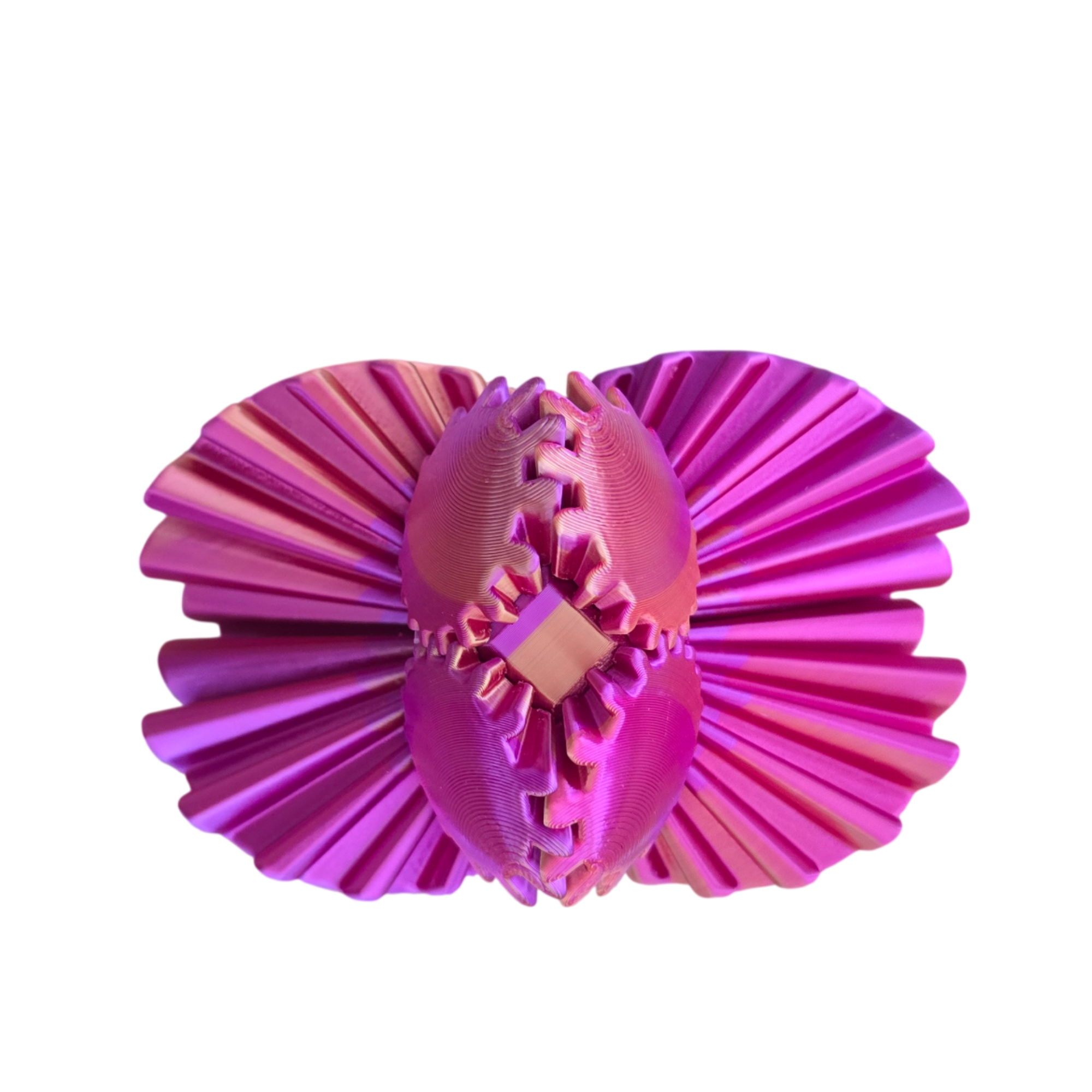 Vista lateral do Bloom Sensorial aberto em impressão 3D rosa e roxo