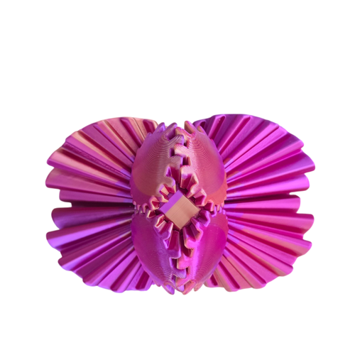Vista lateral do Bloom Sensorial aberto em impressão 3D rosa e roxo